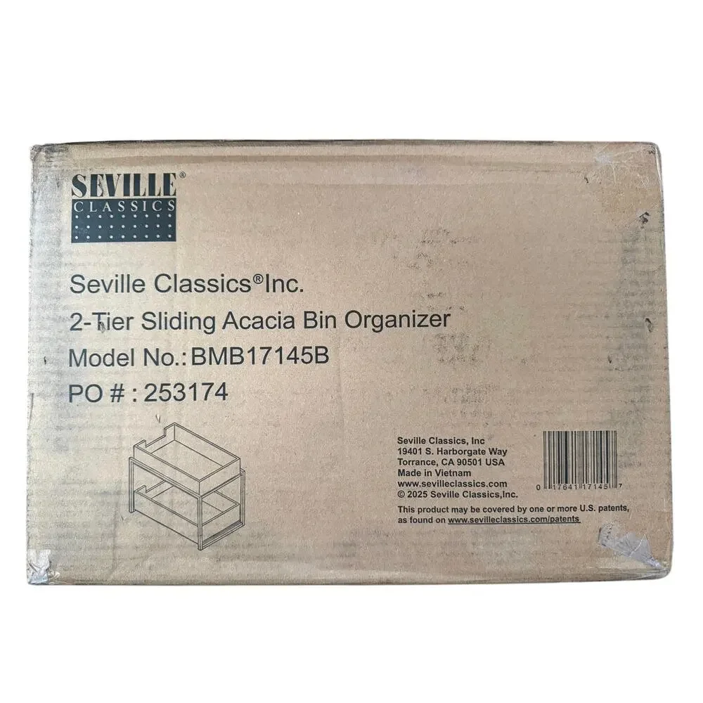 Seville Classics 2-Tier Sliding Acacia Wood Metal Bin Organizer 14x9x12.5
